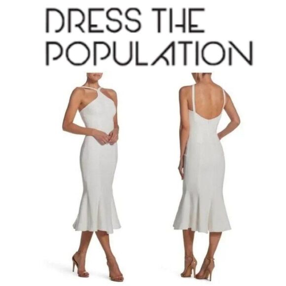 Dress The Population Women's White Tessa Midi Mermaid Dress Size M - Picture 1 of 16